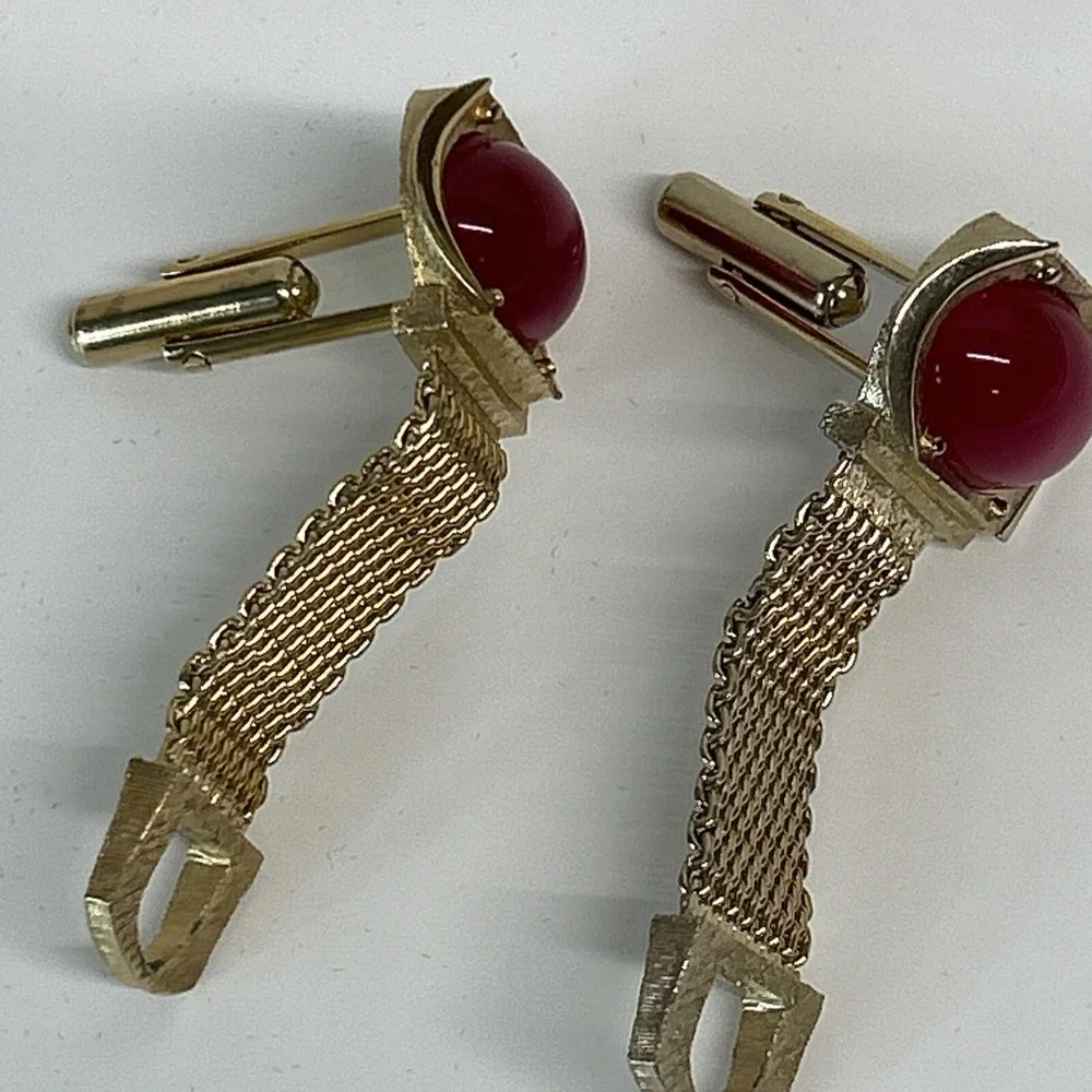 Swank Pink Moonglow & Gold Tone Cuff Links Signed Vintage Oval Gem Clasp Stamped